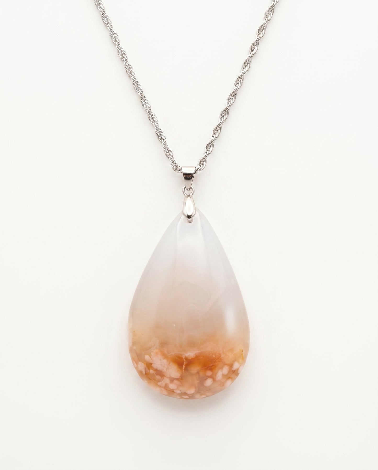 Magnolia Silver Pendant Necklace in Flower Agate - Statement (L) Water Drop