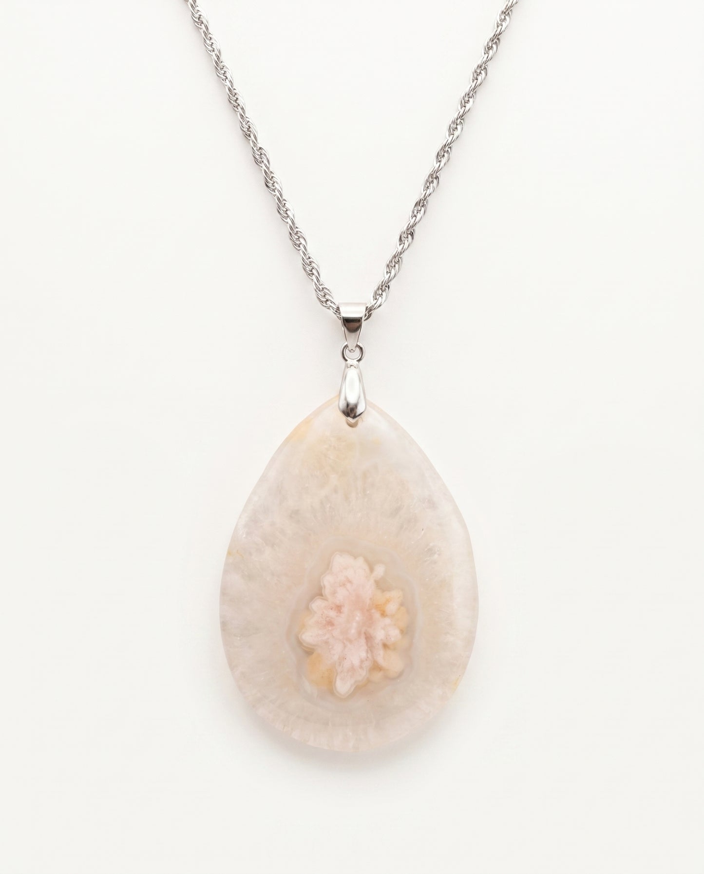 Magnolia Silver Pendant Necklace in Flower Agate - Statement (L) Water Drop