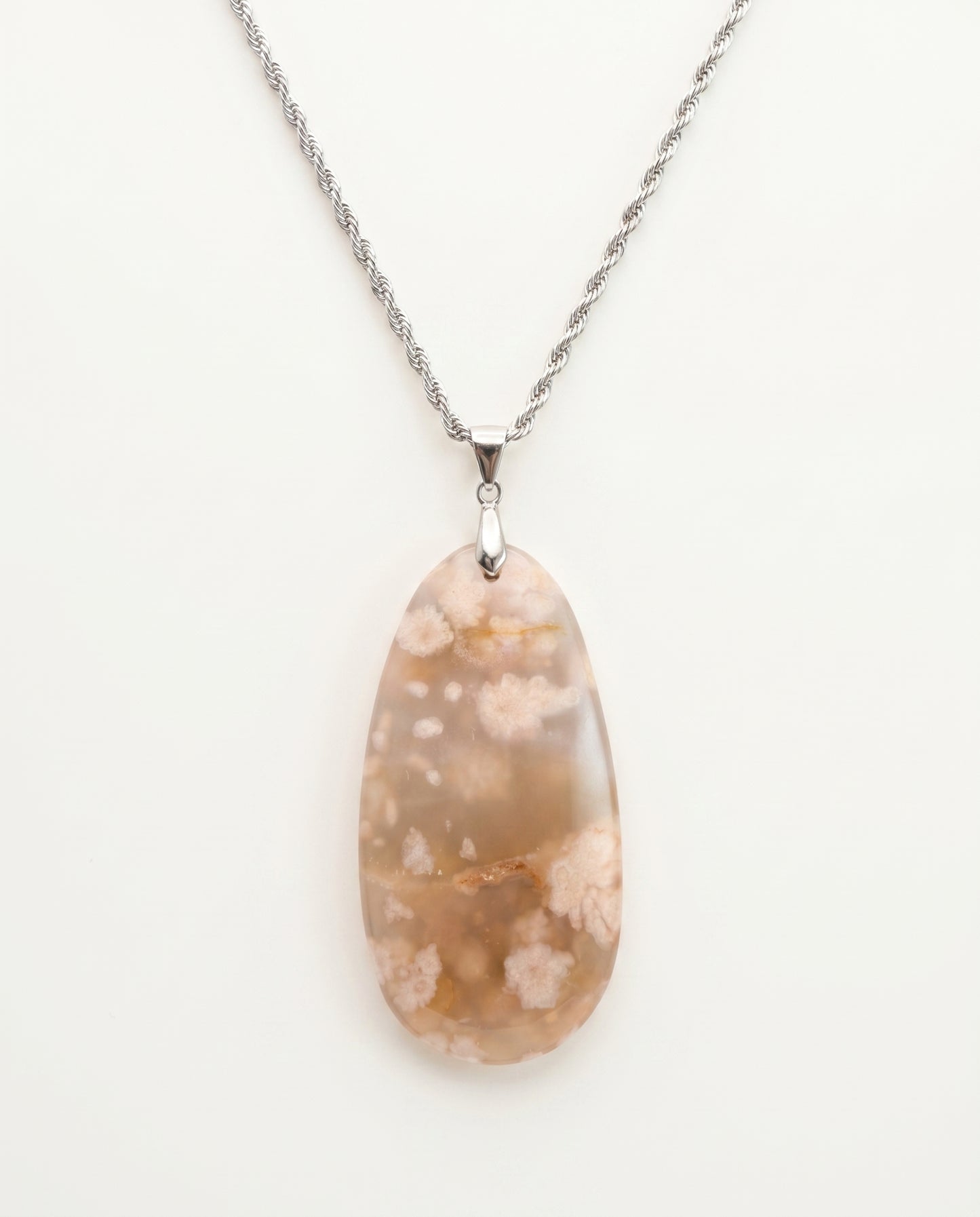 Magnolia Silver Pendant Necklace in Flower Agate - Statement (L) Water Drop