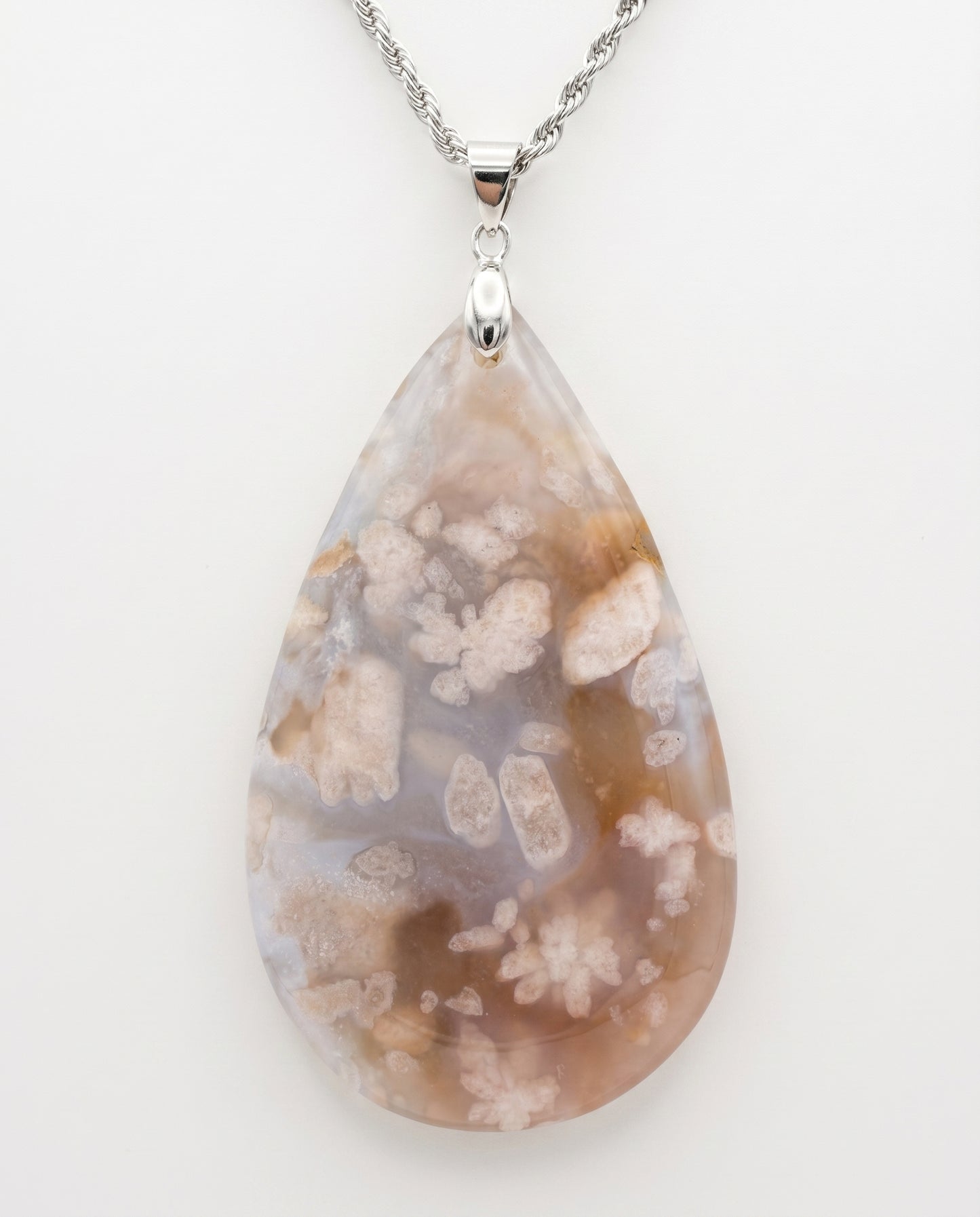 Magnolia Silver Pendant Necklace in Flower Agate - Statement (L) Water Drop