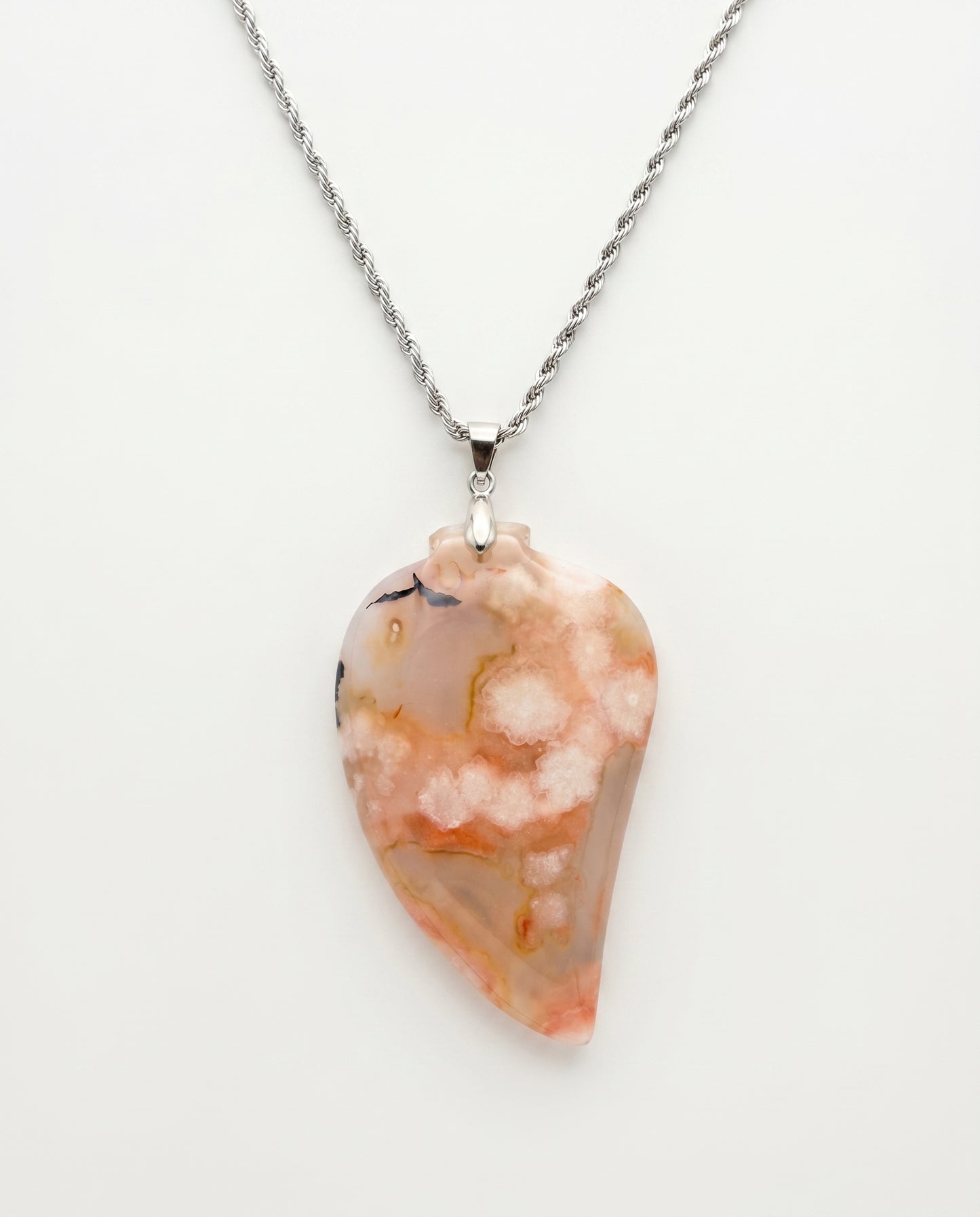 Magnolia Silver Pendant Necklace in Flower Agate - Statement (L) Water Drop