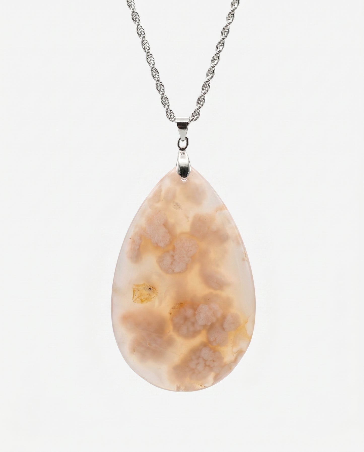 Magnolia Silver Pendant Necklace in Flower Agate - Statement (L) Water Drop