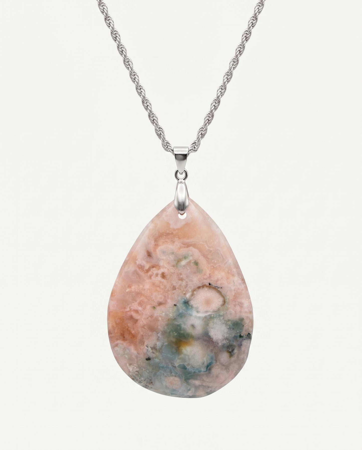 Magnolia Silver Pendant Necklace in Flower Agate - Statement (L) Water Drop