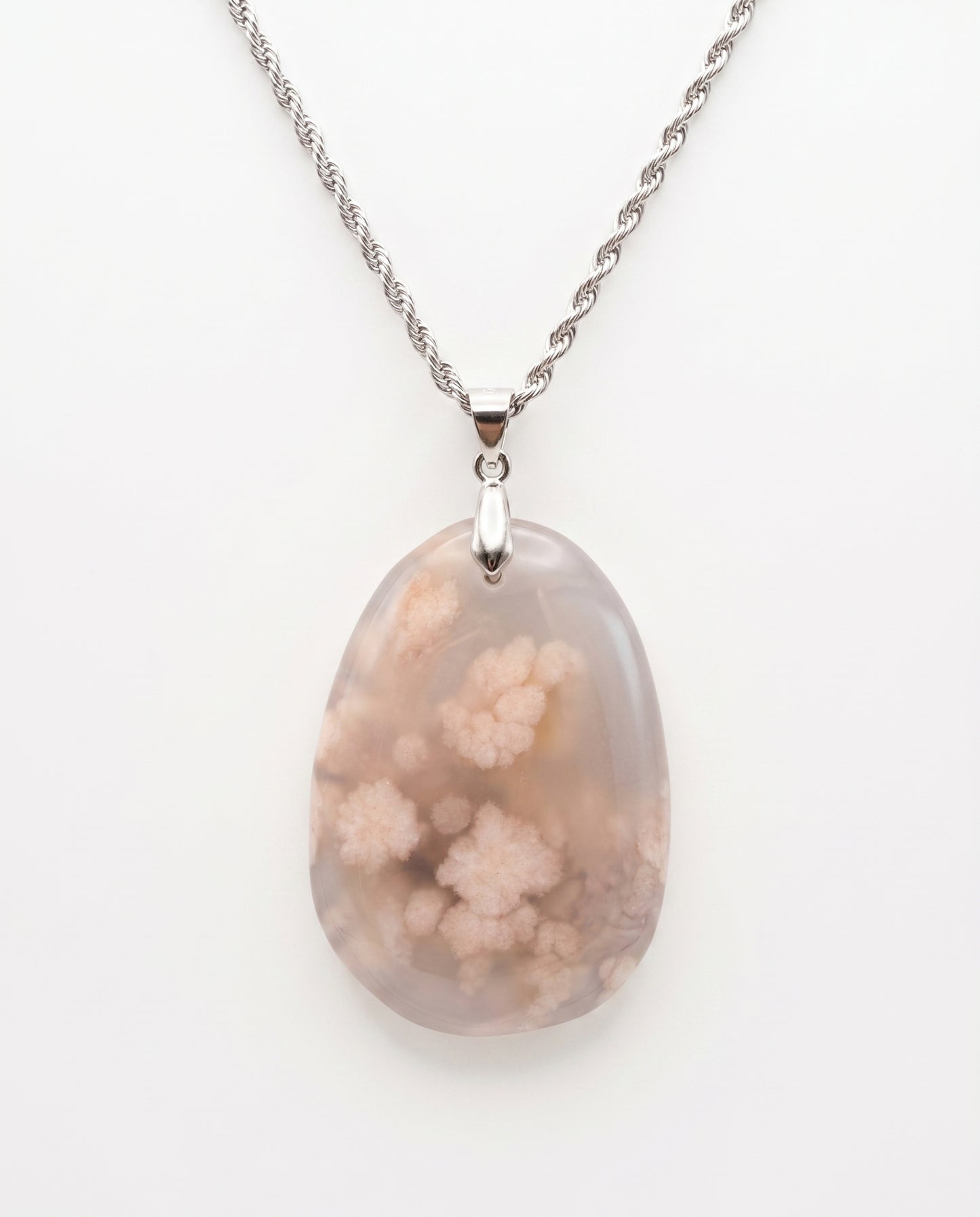 Magnolia Silver Pendant Necklace in Flower Agate - Statement (L) Water Drop