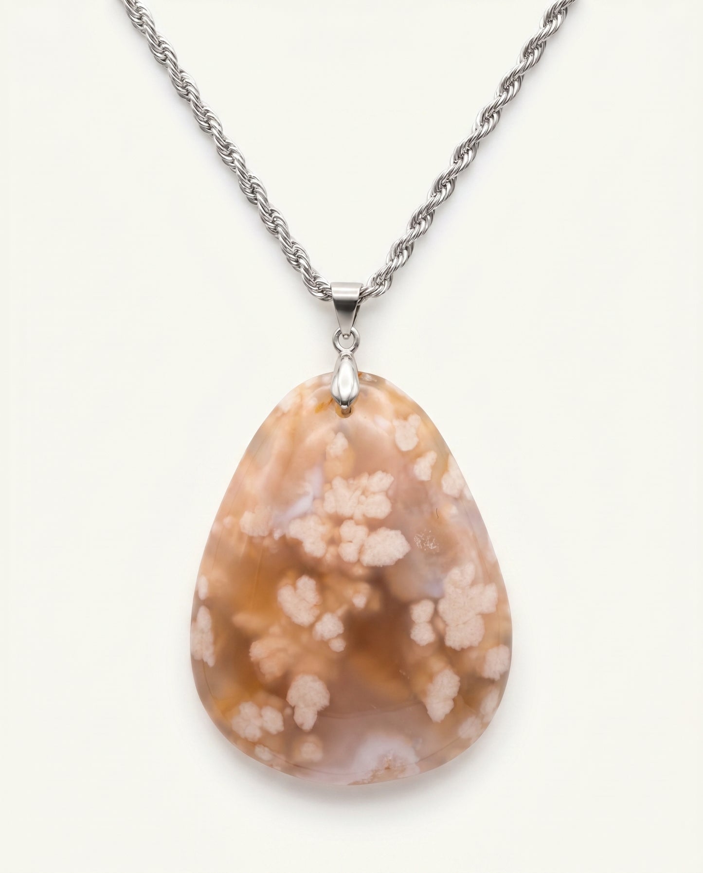 Magnolia Silver Pendant Necklace in Flower Agate - Statement (L) Water Drop