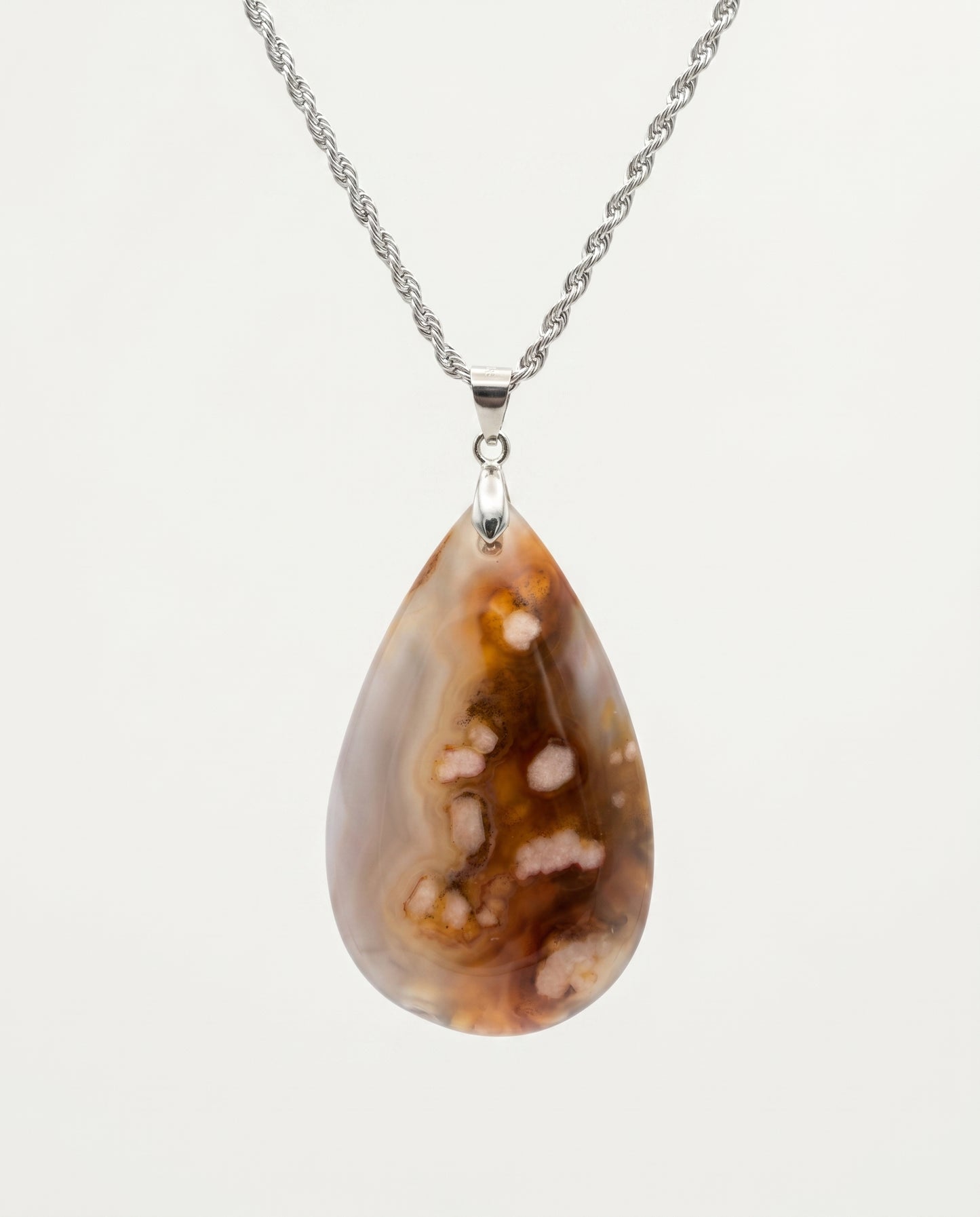 Magnolia Silver Pendant Necklace in Flower Agate - Statement (L) Water Drop