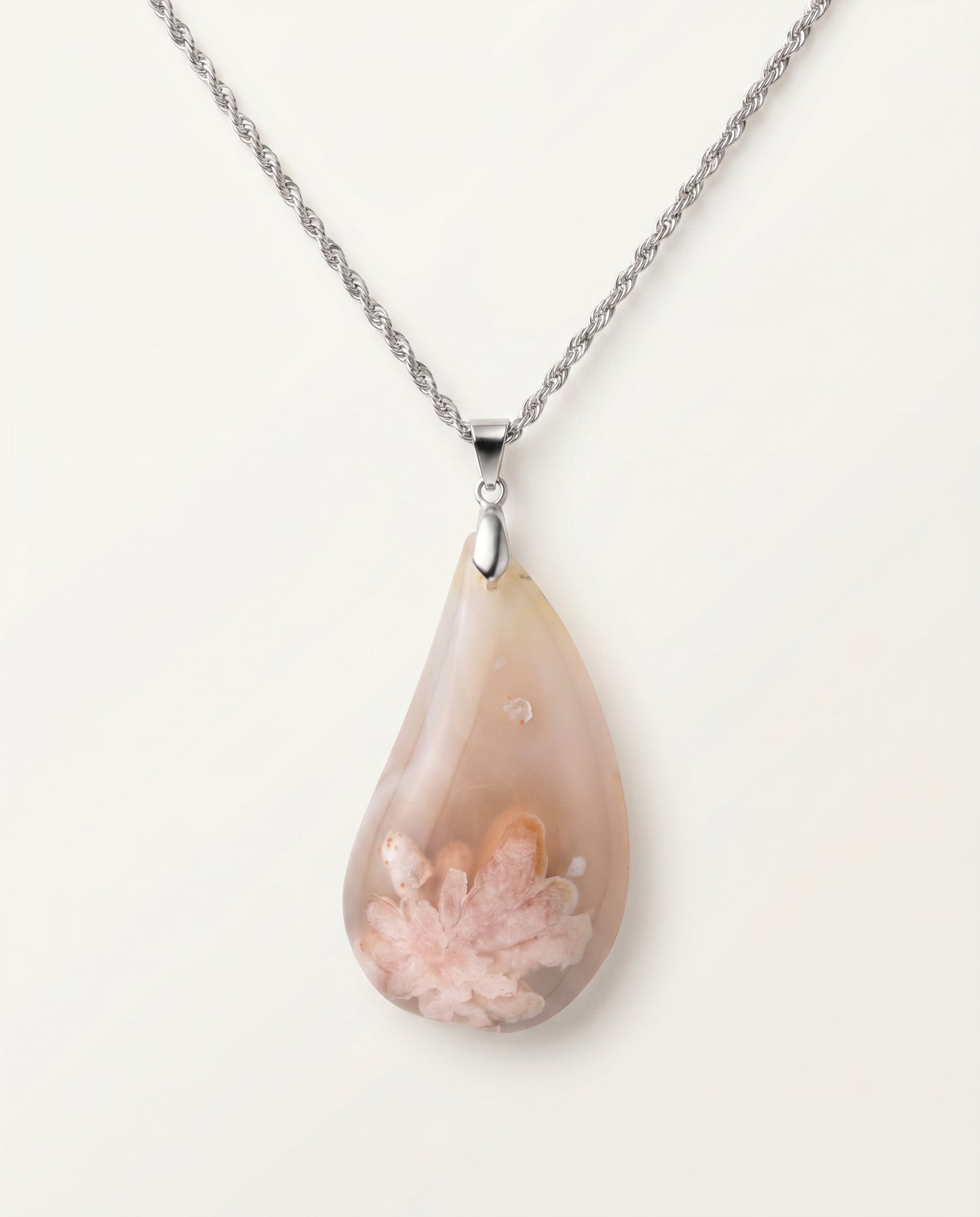 Magnolia Silver Pendant Necklace in Flower Agate - Classic (M) Water Drop