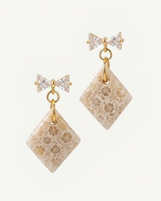 Diamond Drop Earrings in Coral Fossil - White