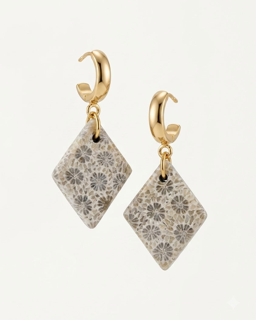 Diamond Drop Earrings in Coral Fossil - Khaki