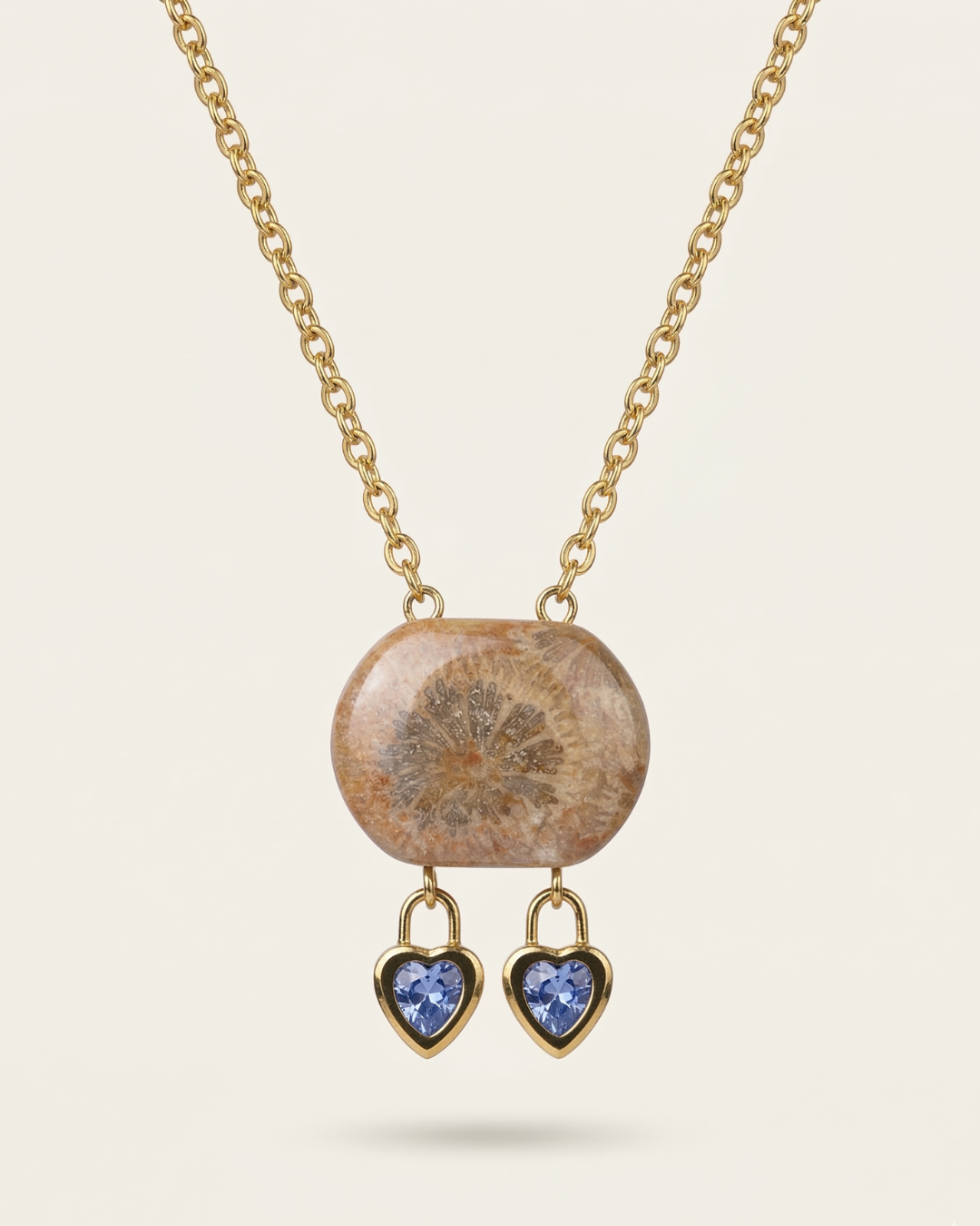 Cushion Gold Charm Necklace in Coral Fossil