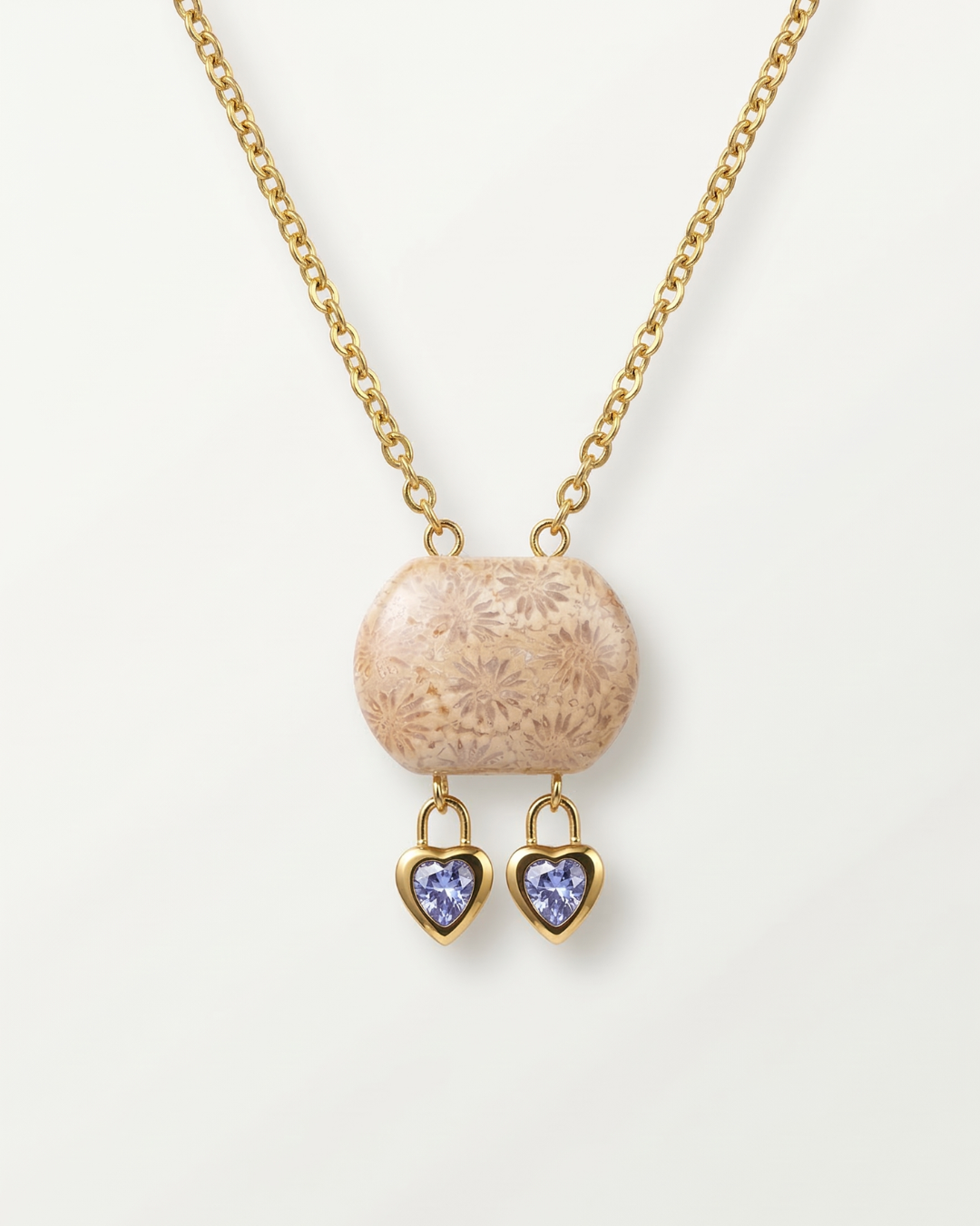 Cushion Gold Charm Necklace in Coral Fossil