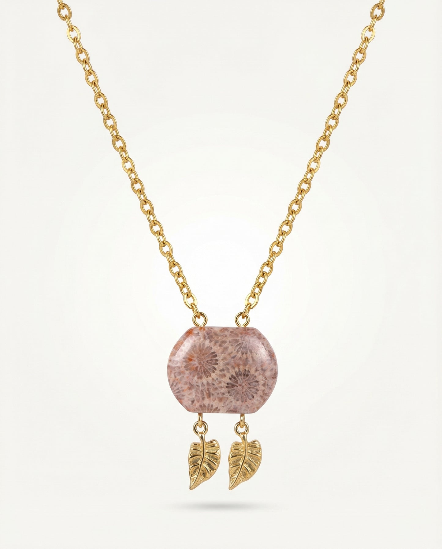 Cushion Gold Charm Necklace in Coral Fossil