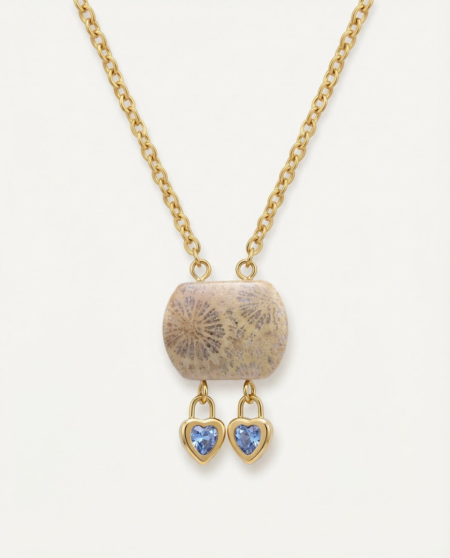 Cushion Gold Charm Necklace in Coral Fossil