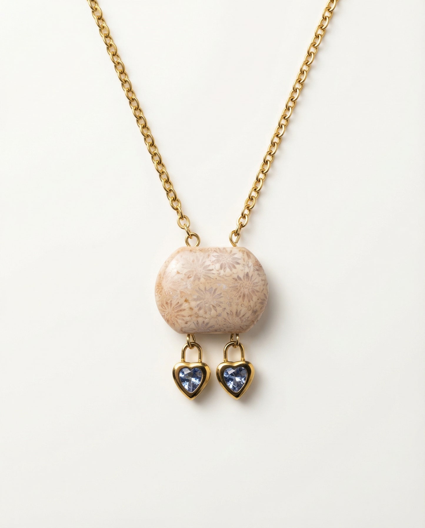 Cushion Gold Charm Necklace in Coral Fossil