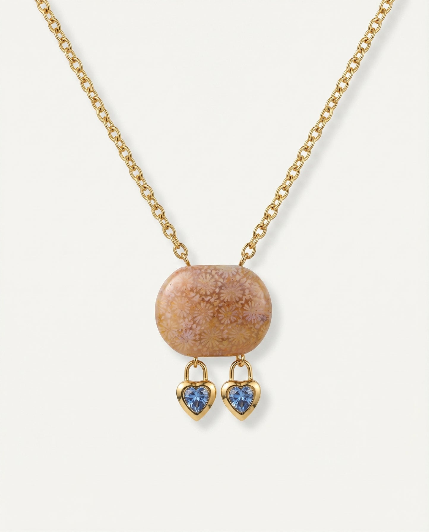 Cushion Gold Charm Necklace in Coral Fossil