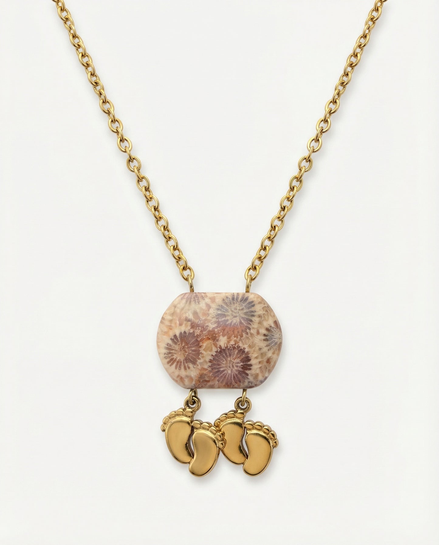 Cushion Gold Charm Necklace in Coral Fossil
