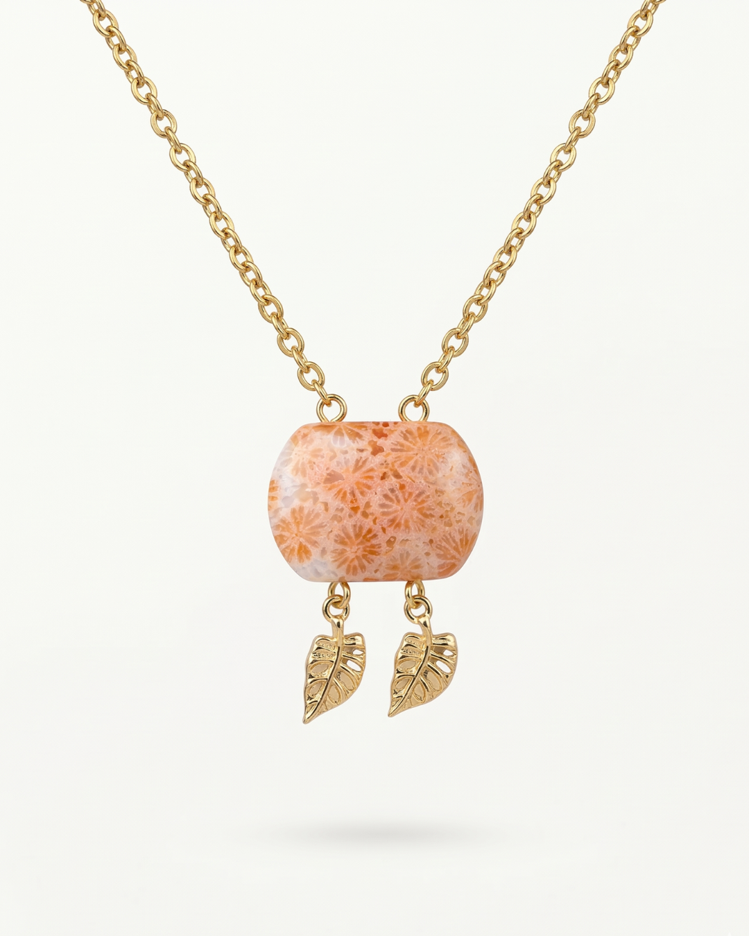 Cushion Gold Charm Necklace in Coral Fossil