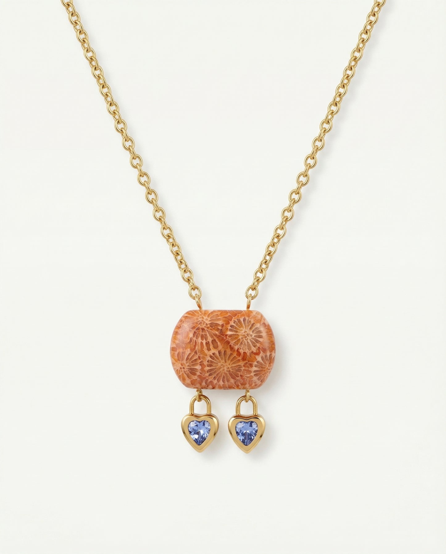 Cushion Gold Charm Necklace in Coral Fossil