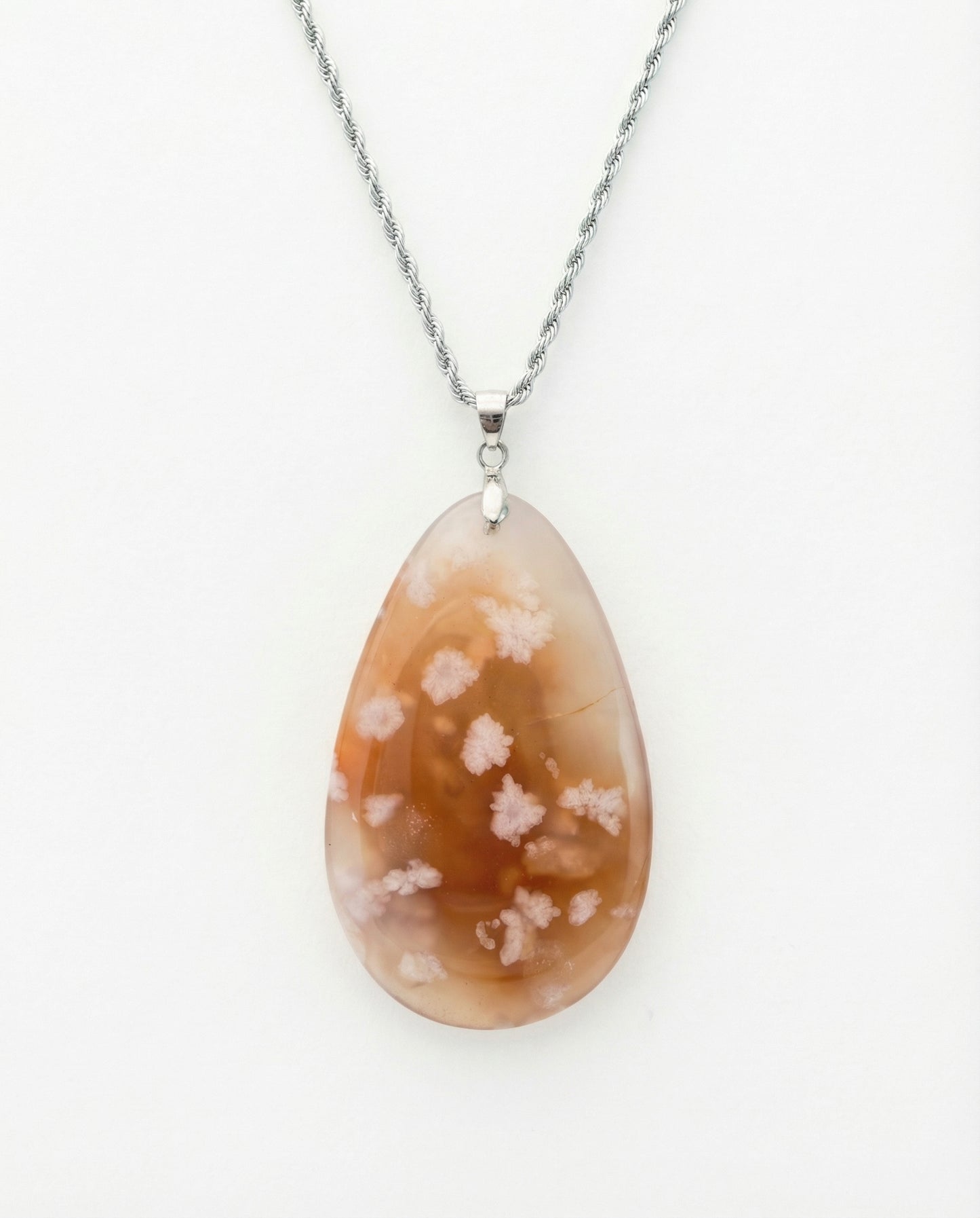 Magnolia Silver Pendant Necklace in Flower Agate - Statement (L) Water Drop