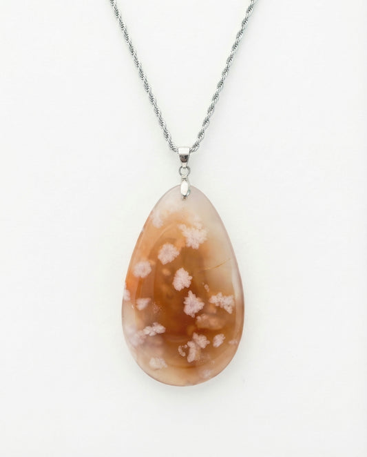 Magnolia Silver Pendant Necklace in Flower Agate - Statement (L) Water Drop