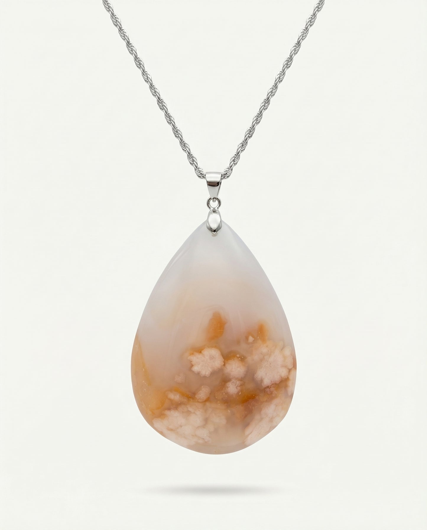 Magnolia Silver Pendant Necklace in Flower Agate - Statement (L) Water Drop