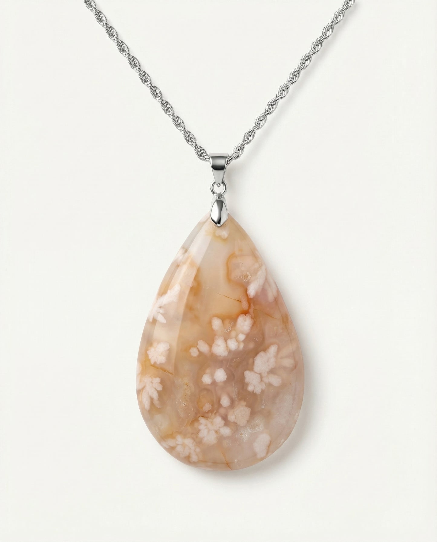 Magnolia Silver Pendant Necklace in Flower Agate - Statement (L) Water Drop
