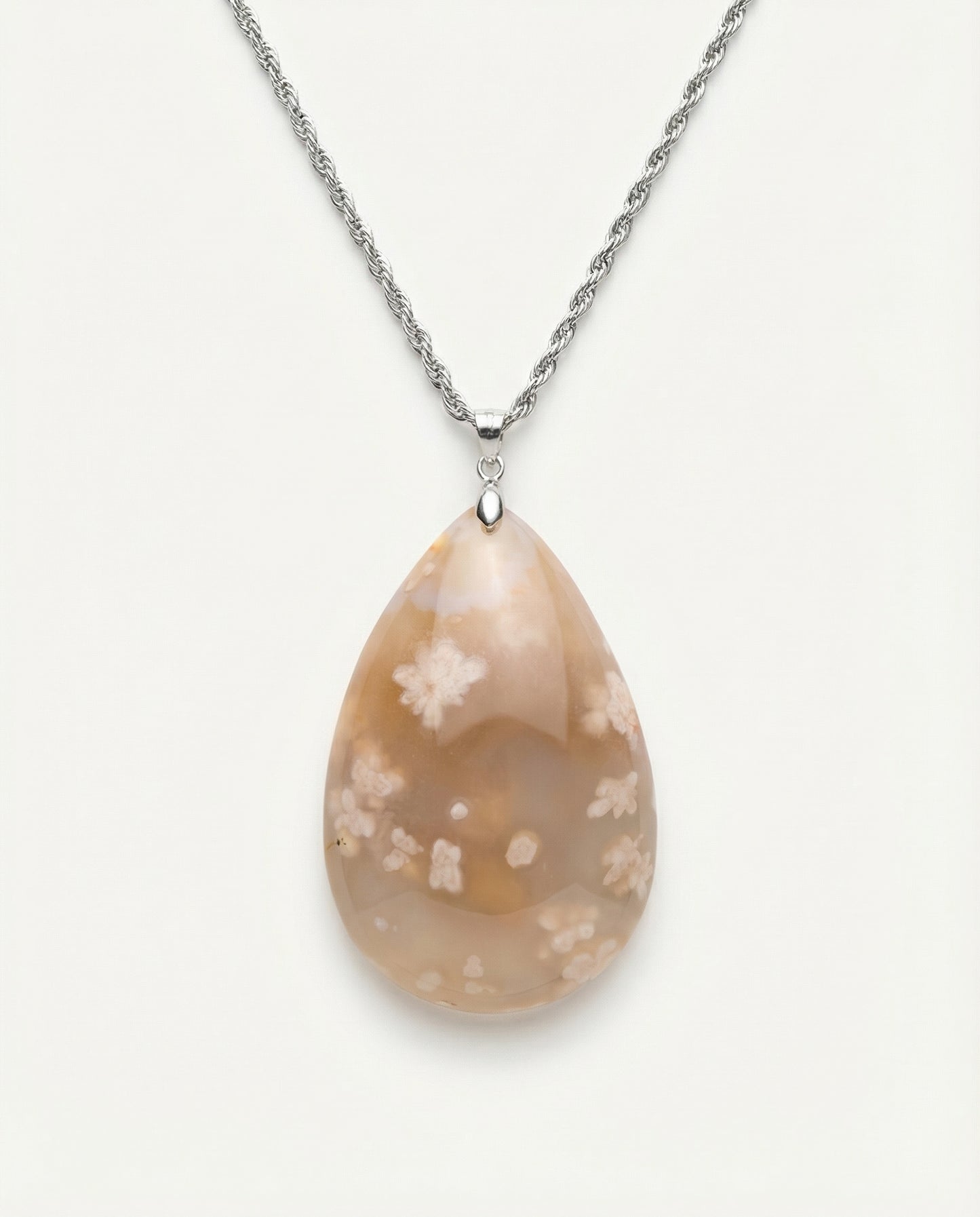 Magnolia Silver Pendant Necklace in Flower Agate - Statement (L) Water Drop