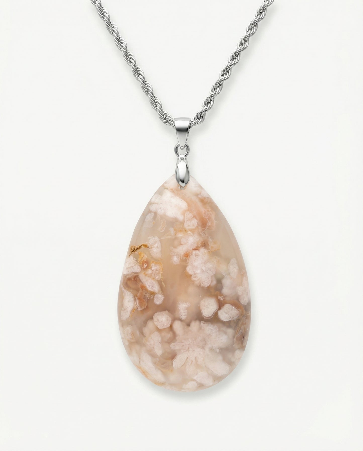 Magnolia Silver Pendant Necklace in Flower Agate - Statement (L) Water Drop