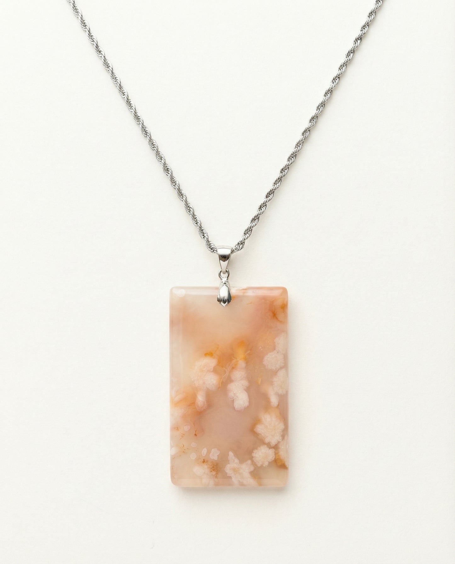 Magnolia Silver Pendant Necklace in Flower Agate - Classic (M) Rectangular