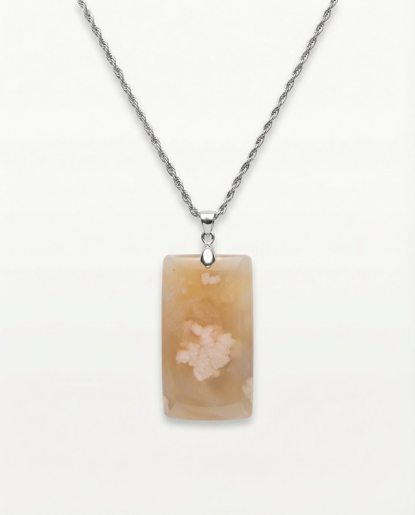 Magnolia Silver Pendant Necklace in Flower Agate - Classic (M) Rectangular