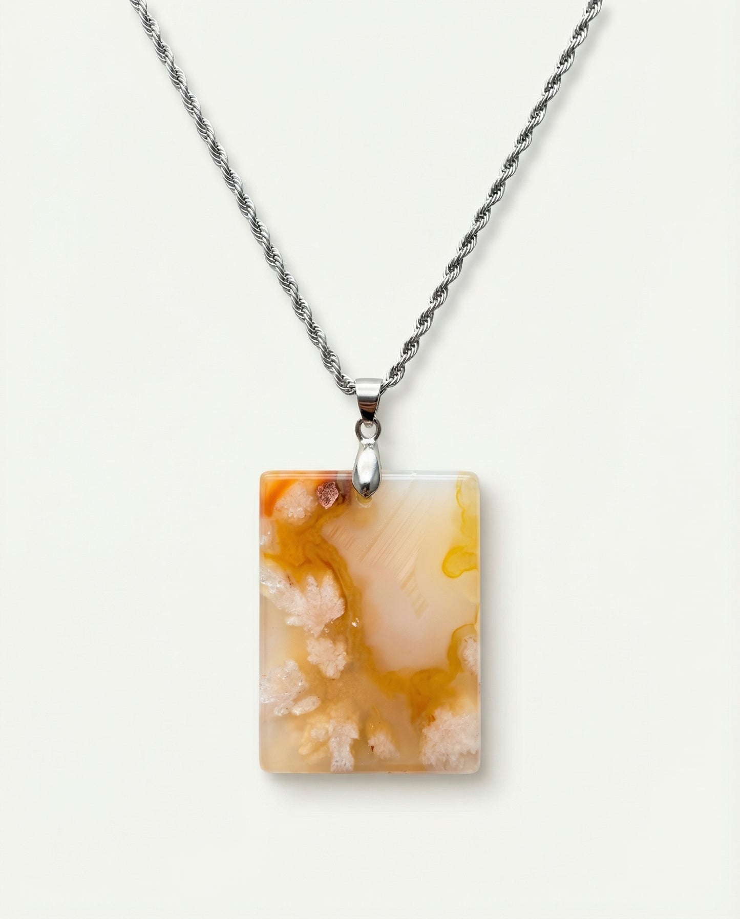 Magnolia Silver Pendant Necklace in Flower Agate - Classic (M) Rectangular