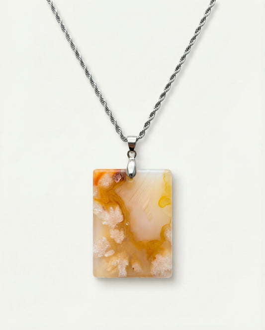 Magnolia Silver Pendant Necklace in Flower Agate - Classic (M) Rectangular