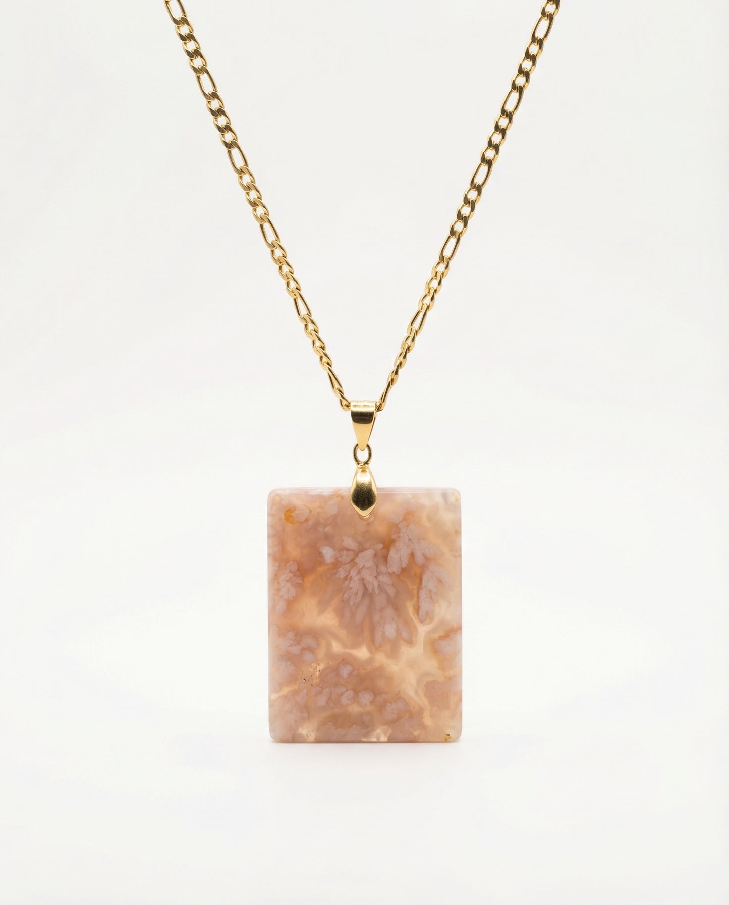 Silvia Gold Pendent Necklace in Flower Agate - Statement (L) Rectangular
