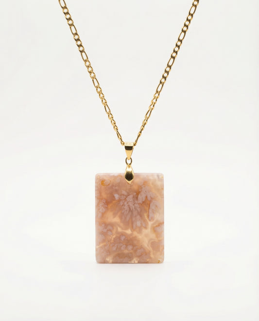 Silvia Gold Pendent Necklace in Flower Agate - Statement (L) Rectangular