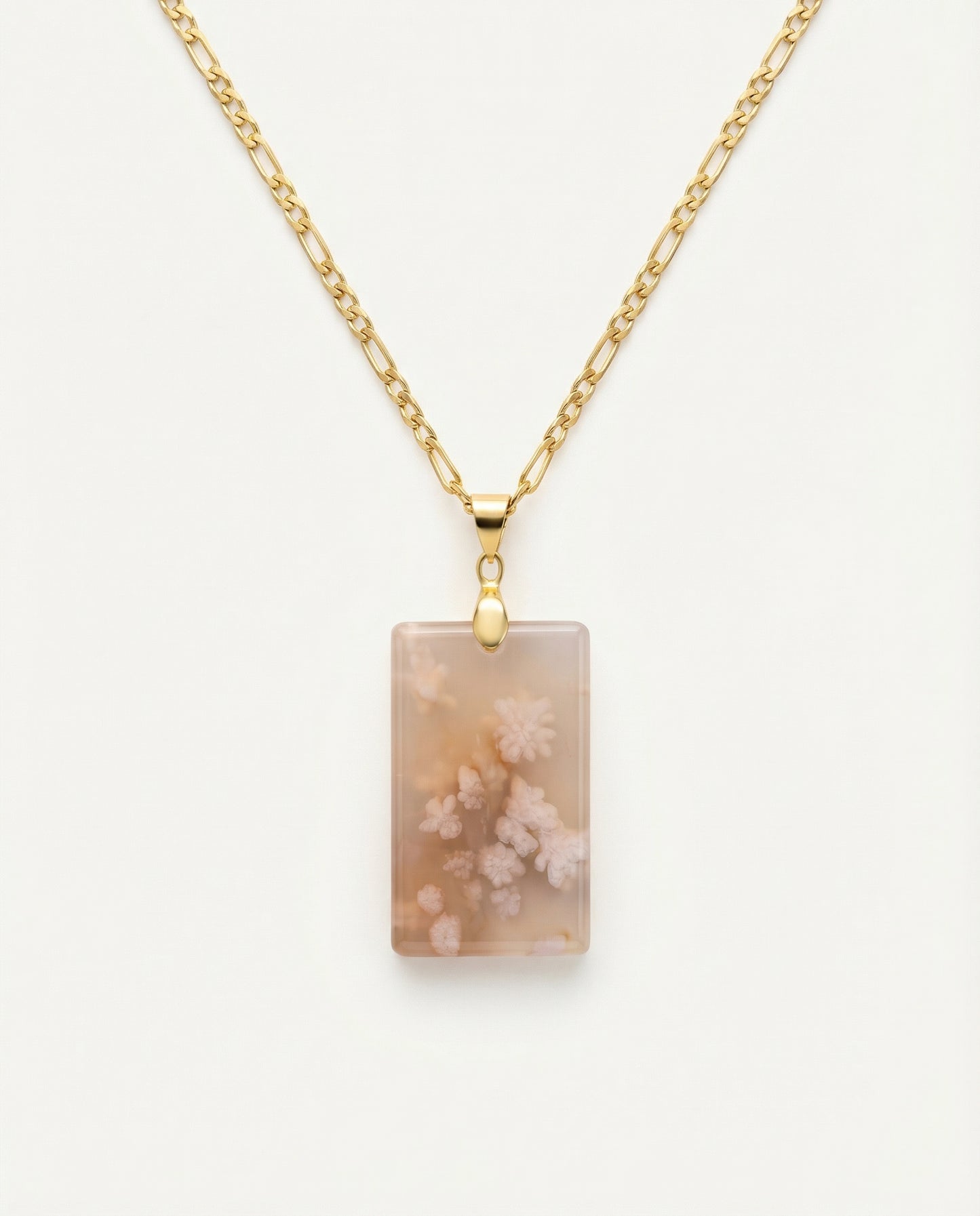 Silvia Gold Pendent Necklace in Flower Agate - Statement (L) Rectangular