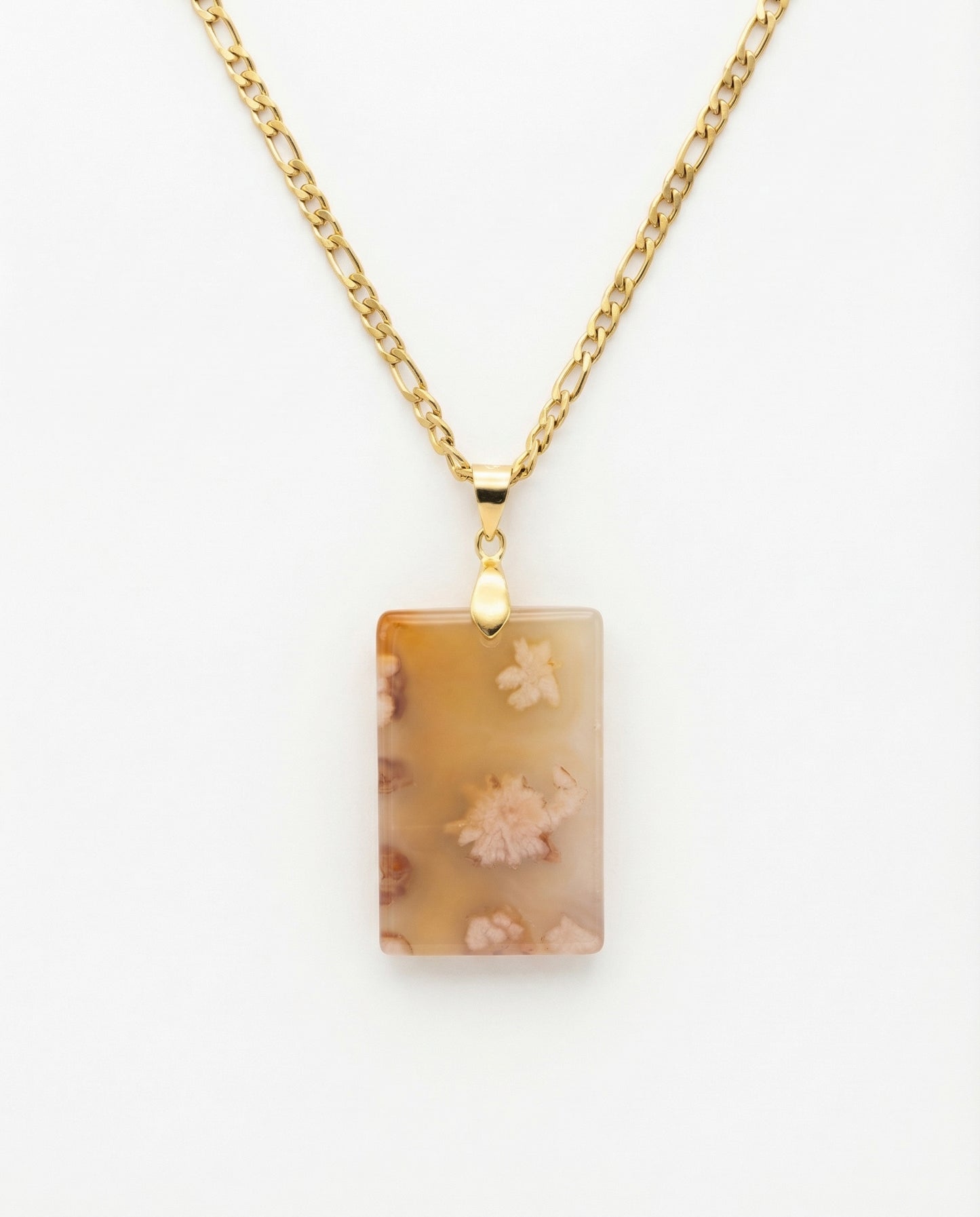 Silvia Gold Pendent Necklace in Flower Agate - Statement (L) Rectangular