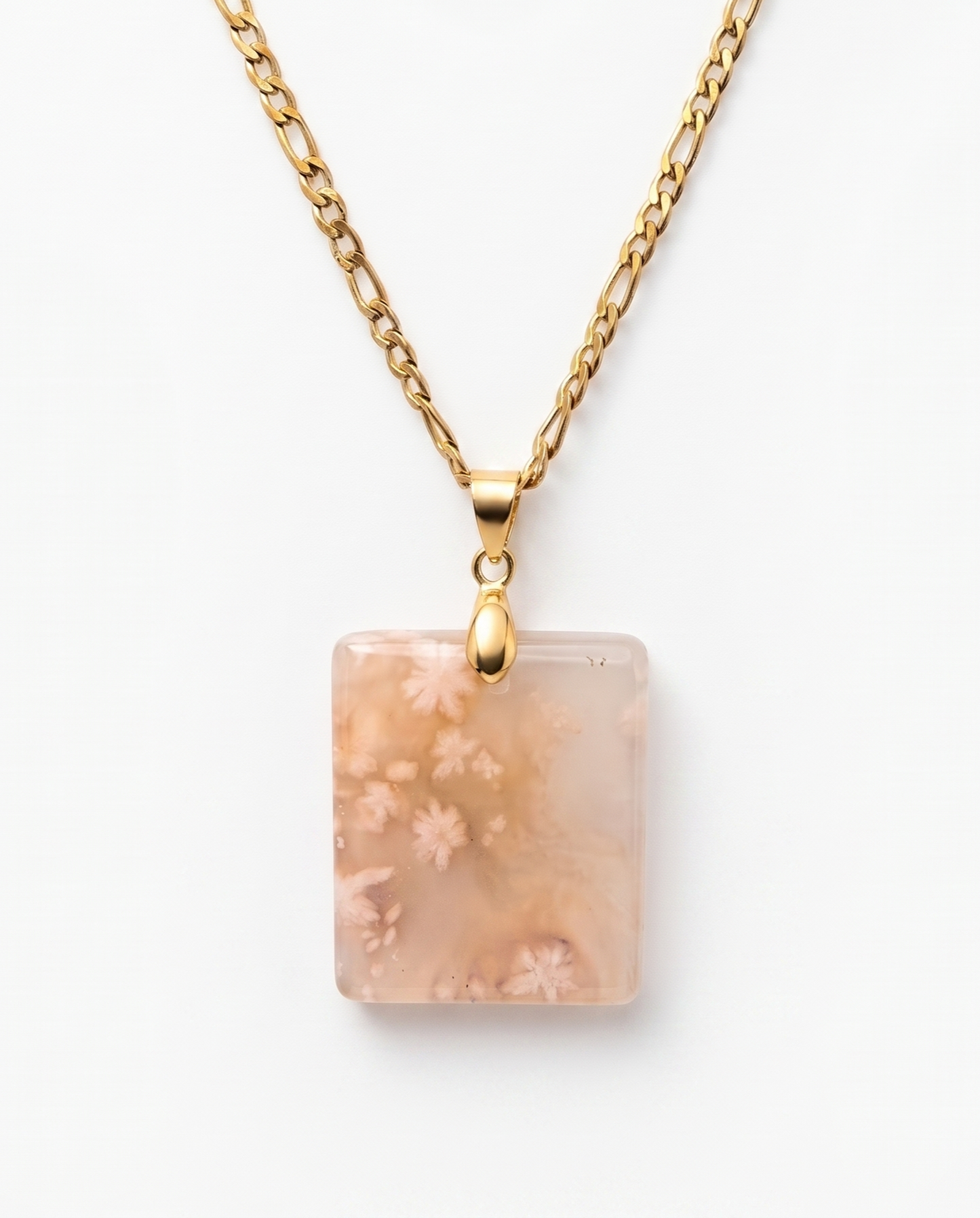 Silvia Gold Pendent Necklace in Flower Agate - Statement (L) Rectangular