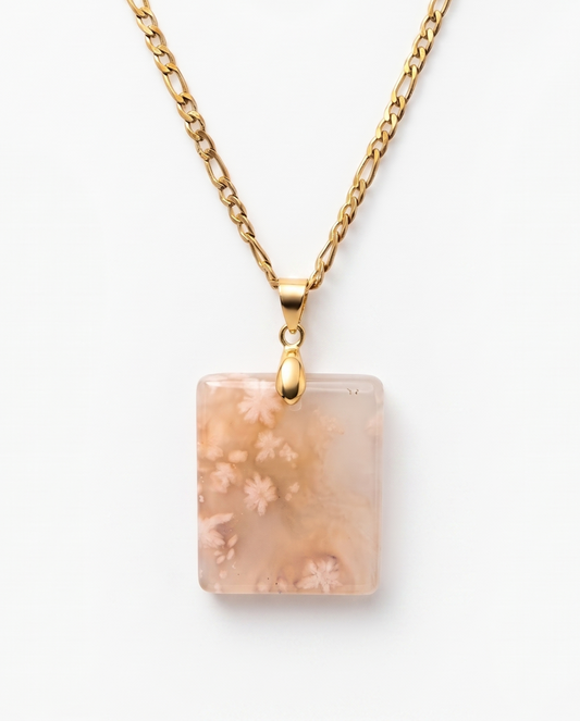 Silvia Gold Pendent Necklace in Flower Agate - Statement (L) Rectangular