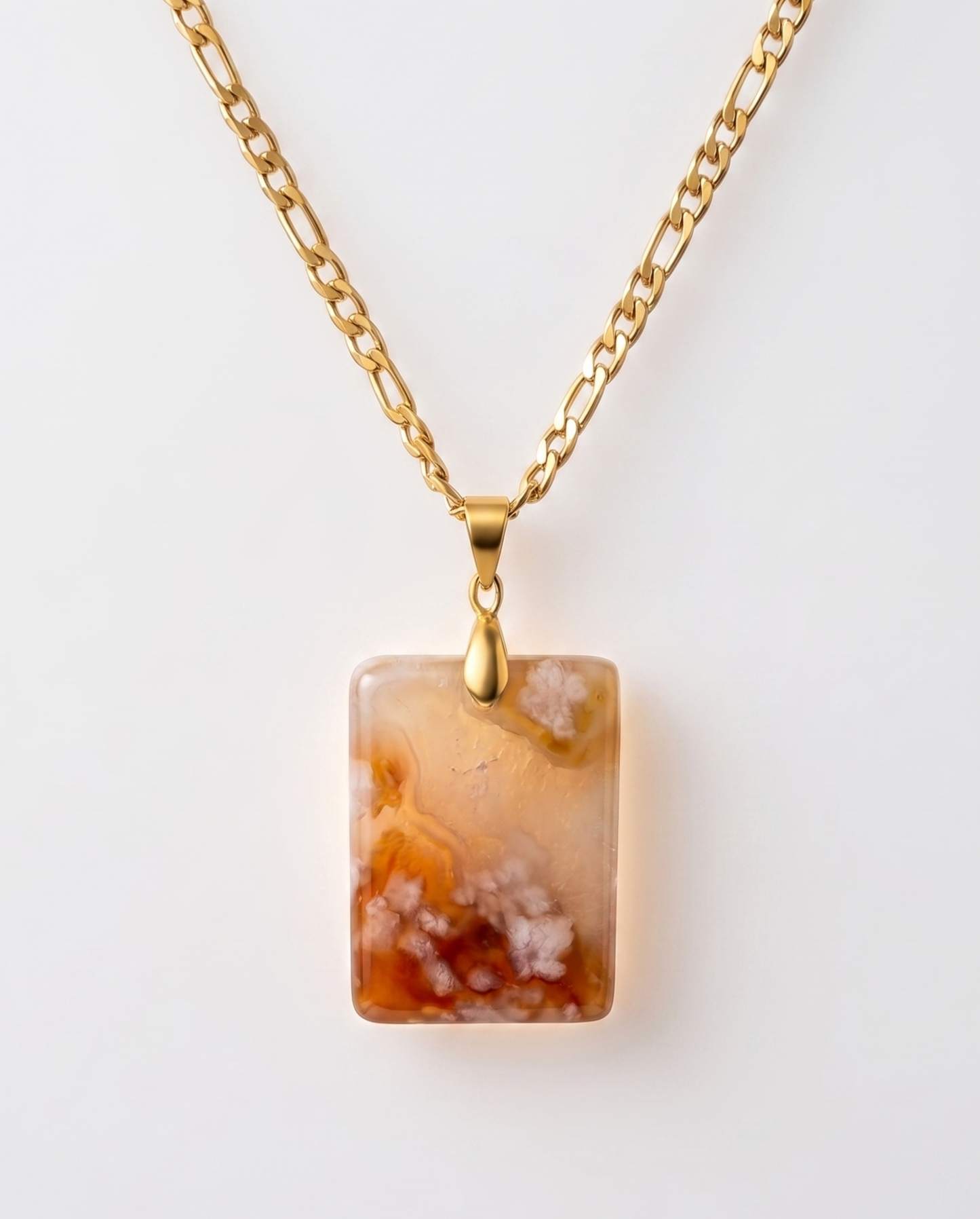 Silvia Gold Pendent Necklace in Flower Agate - Statement (L) Rectangular