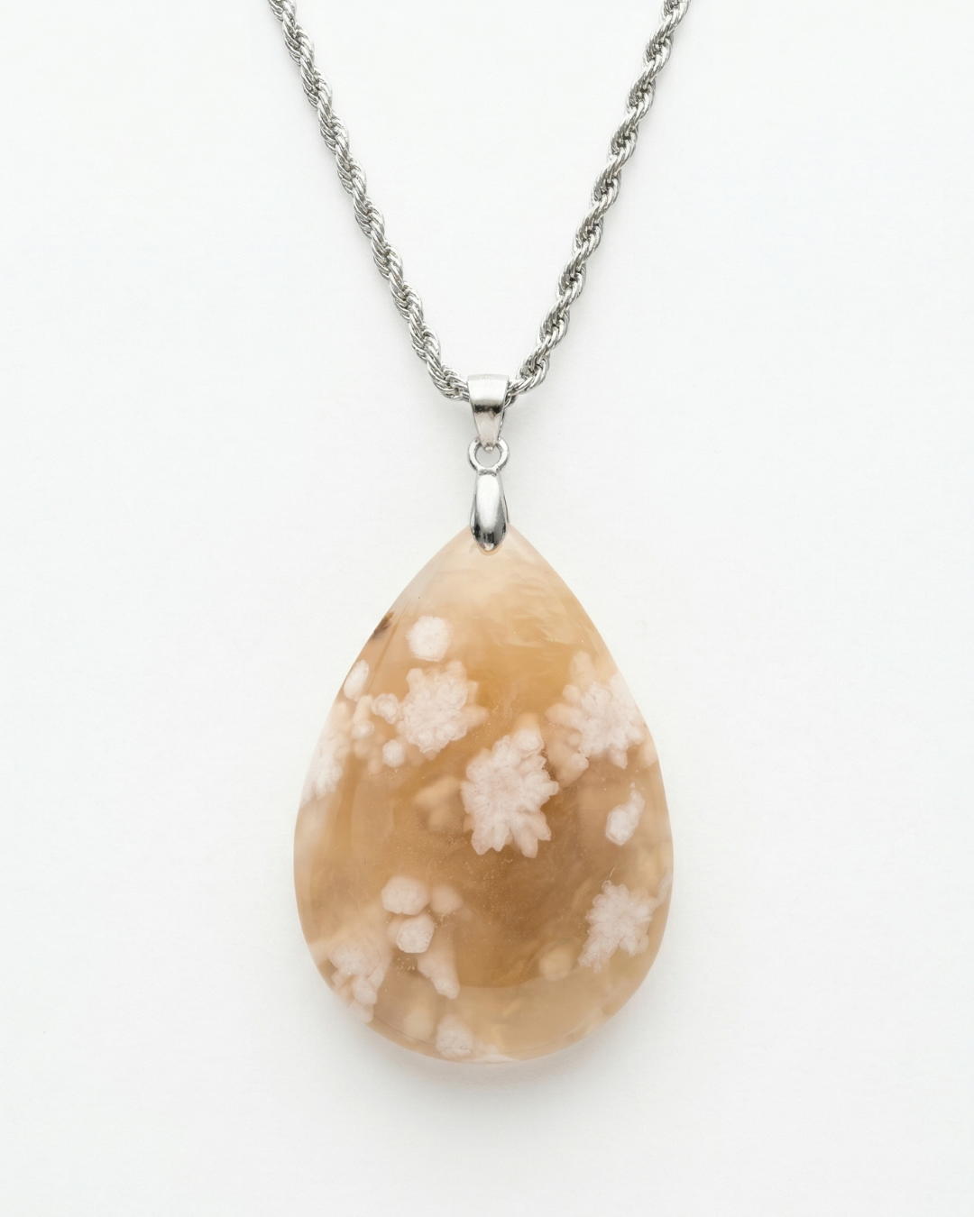 Magnolia Silver Pendant Necklace in Flower Agate - Statement (L) Water Drop