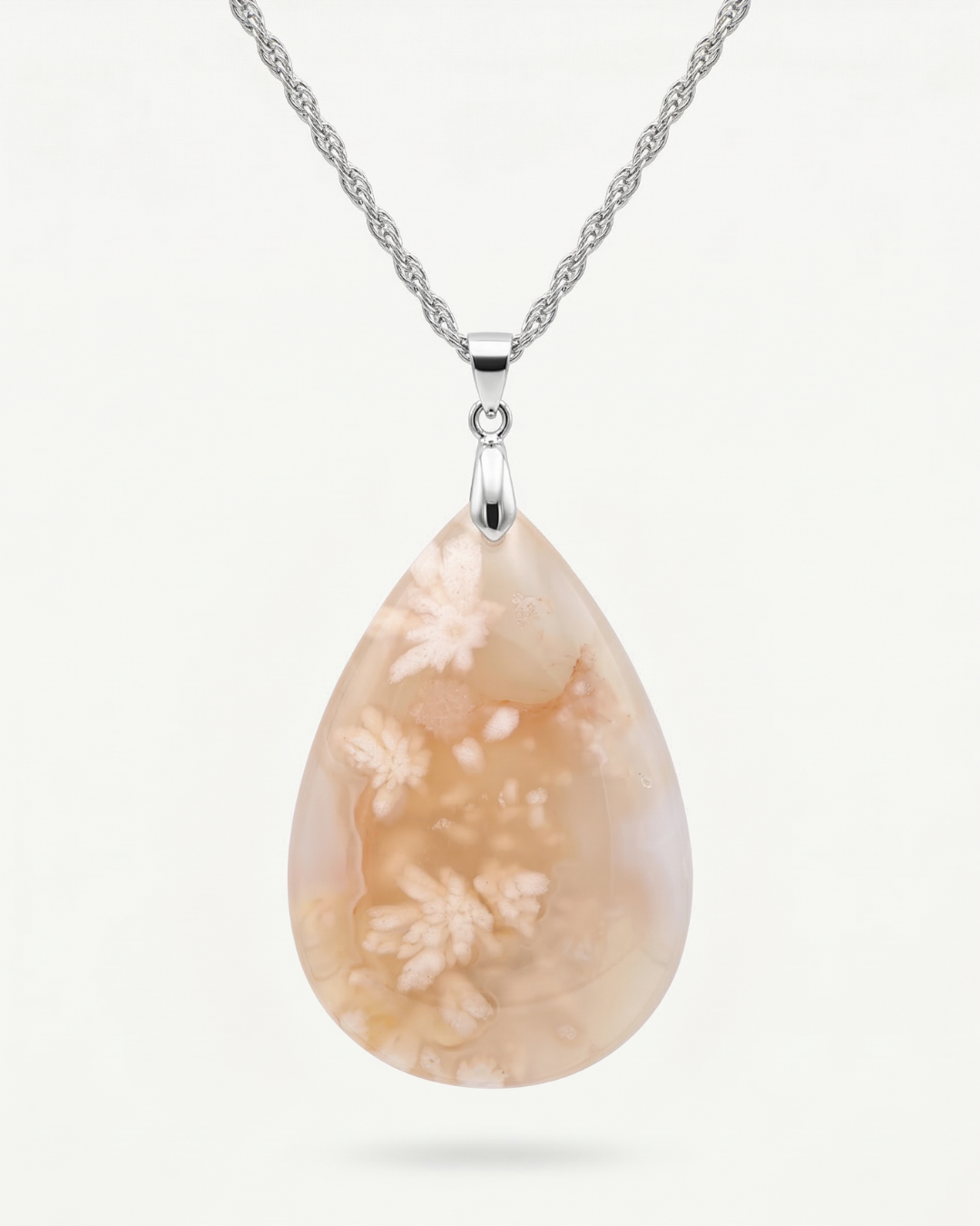 Magnolia Silver Pendant Necklace in Flower Agate - Statement (L) Water Drop