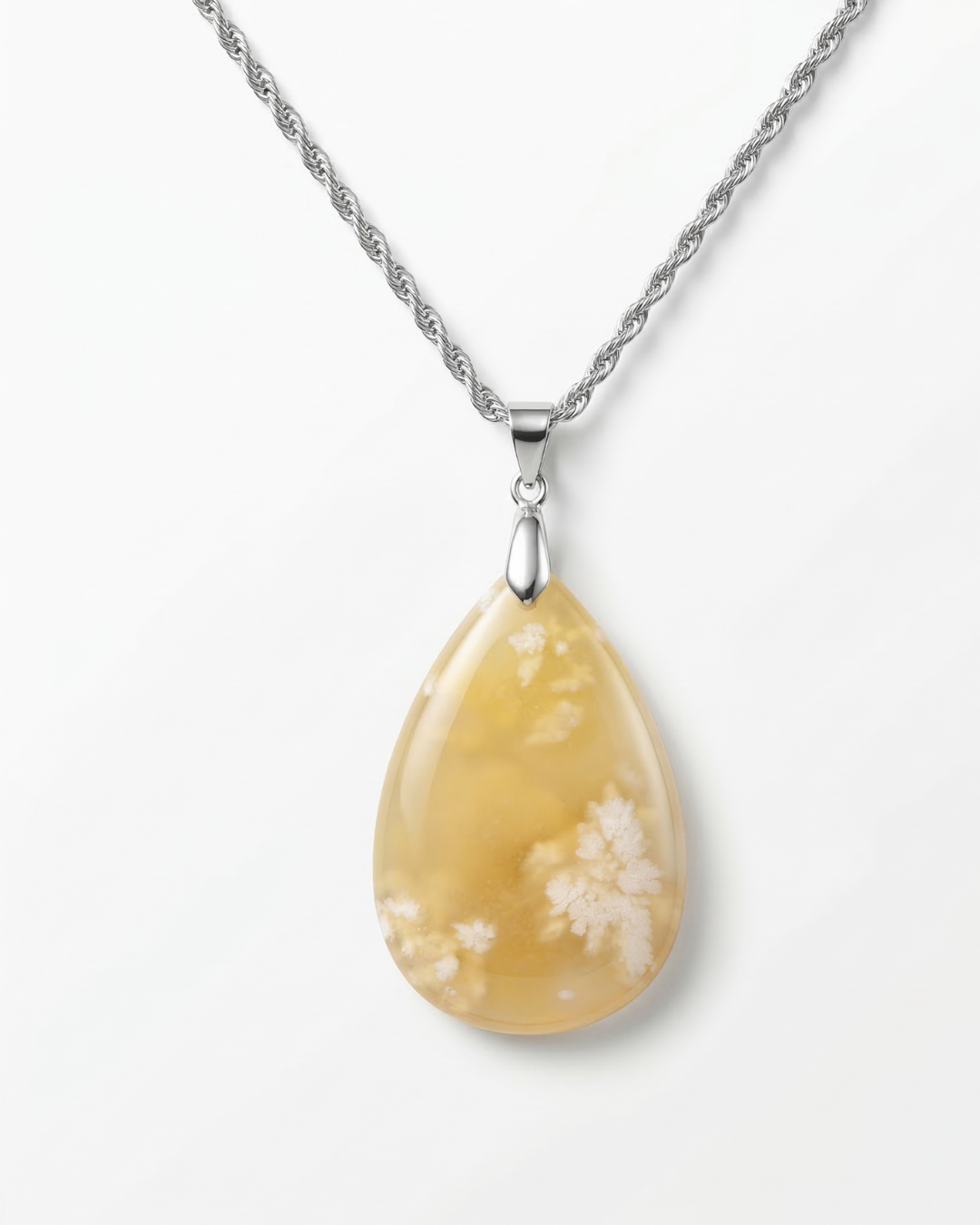 Magnolia Silver Pendant Necklace in Flower Agate - Statement (L) Water Drop