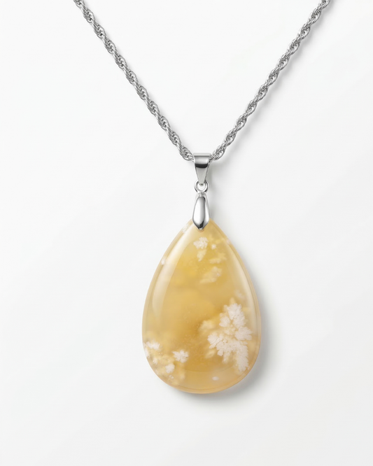 Magnolia Silver Pendant Necklace in Flower Agate - Statement (L) Water Drop