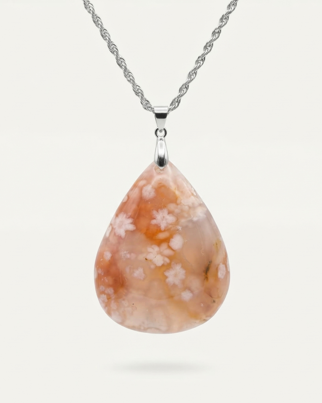 Magnolia Silver Pendant Necklace in Flower Agate - Statement (L) Water Drop