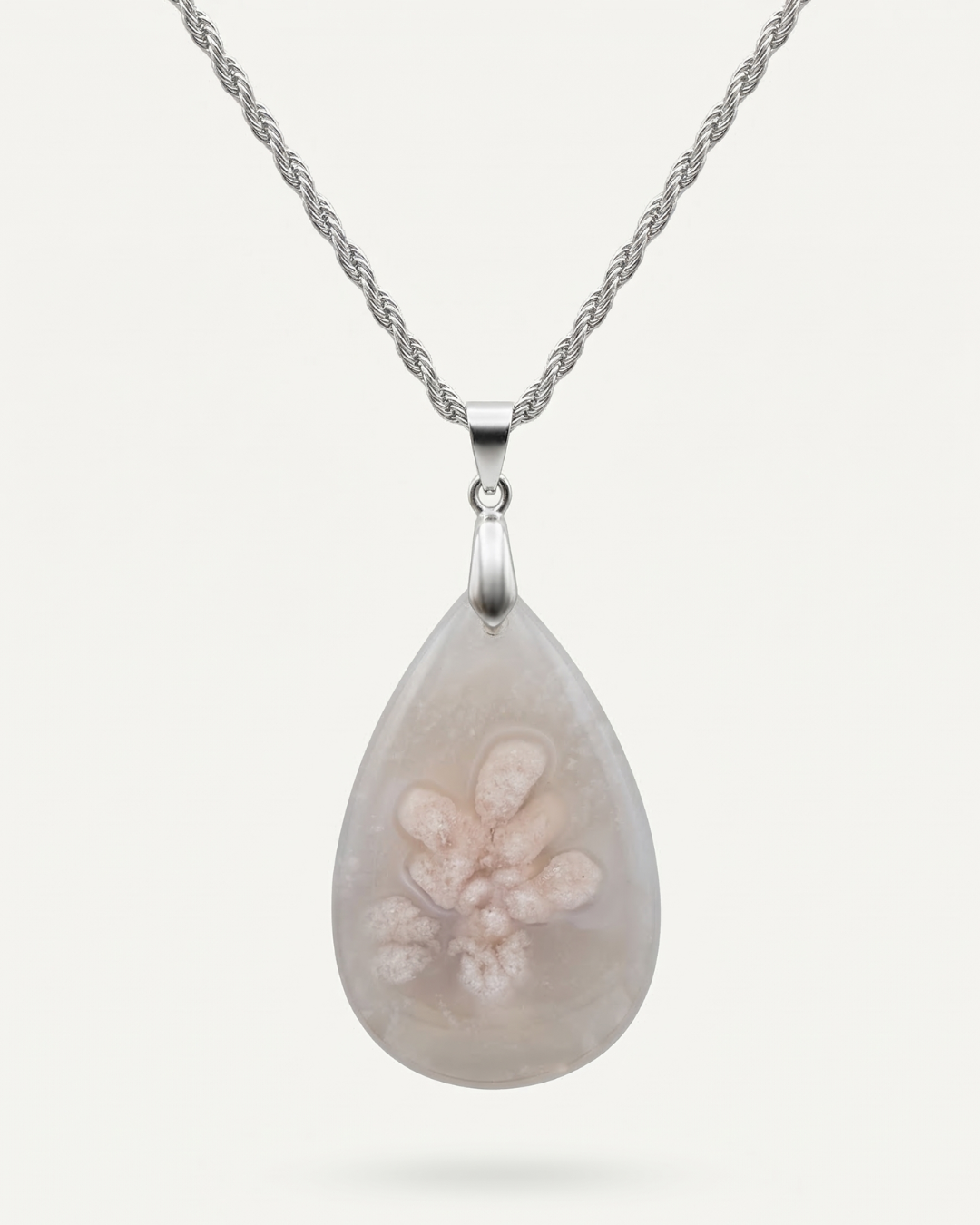 Magnolia Silver Pendant Necklace in Flower Agate - Classic (M) Water Drop
