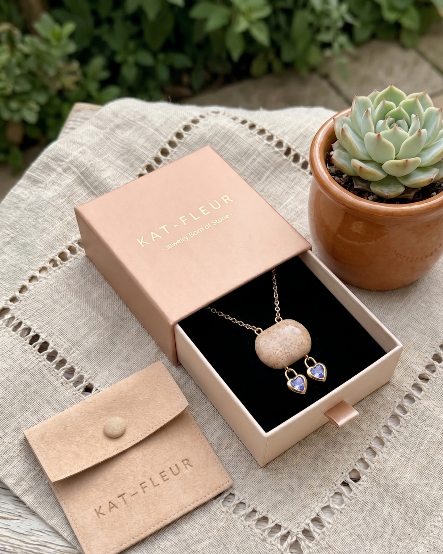 Cushion Gold Charm Necklace in Coral Fossil