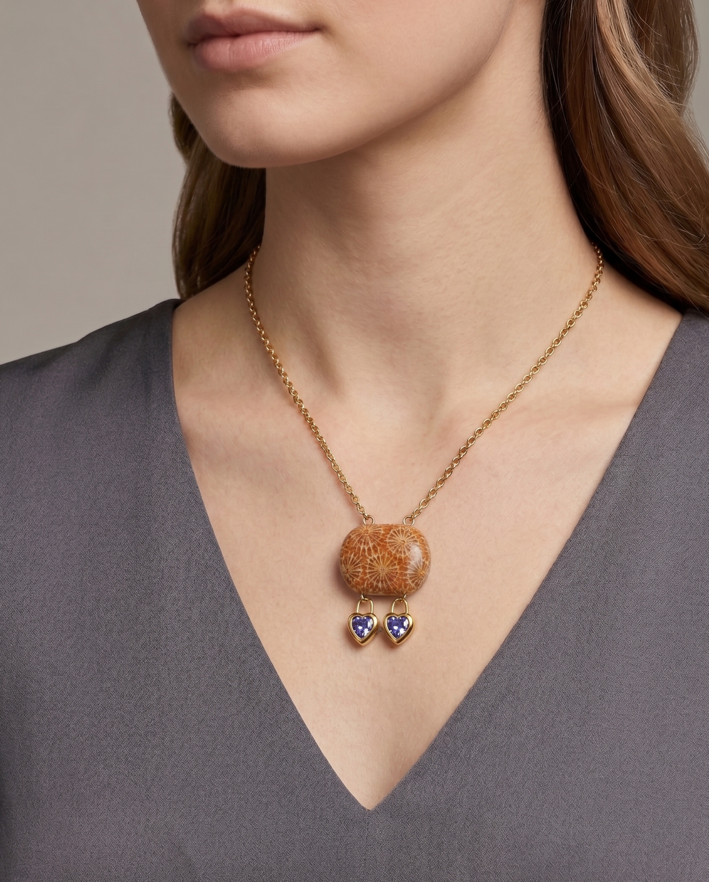 Cushion Gold Charm Necklace in Coral Fossil