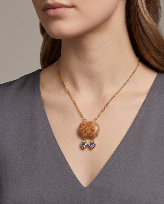 Cushion Gold Charm Necklace in Coral Fossil