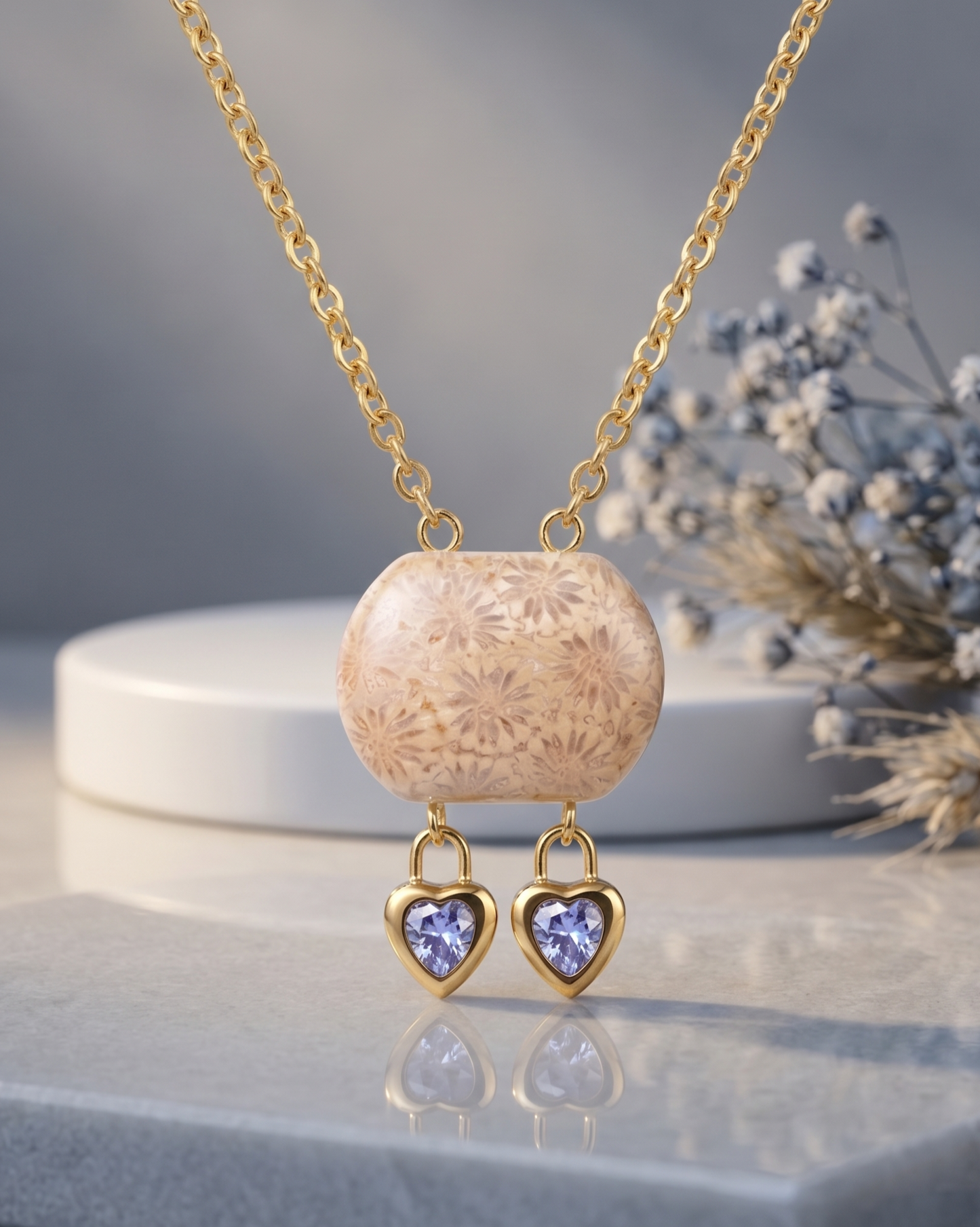 Cushion Gold Charm Necklace in Coral Fossil