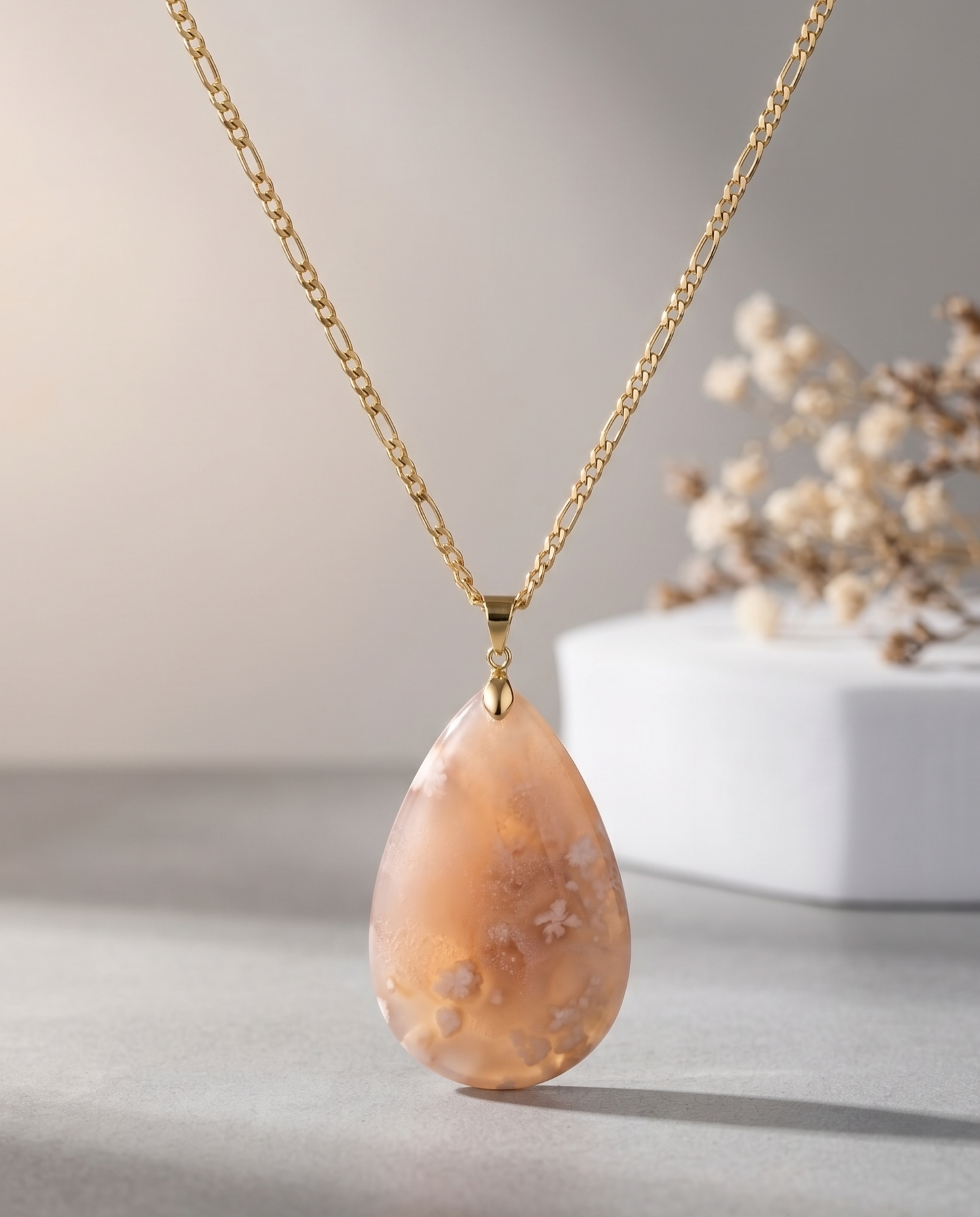 Silvia Gold Pendent Necklace in Flower Agate - Classic (M) Water Drop